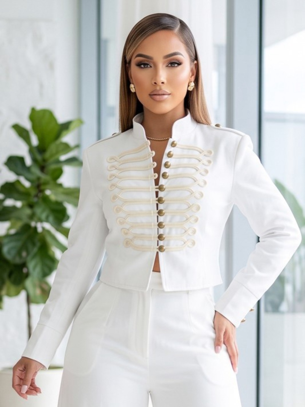 White Military-Style Cropped Blazer w/Gold Braid Detail J-87233